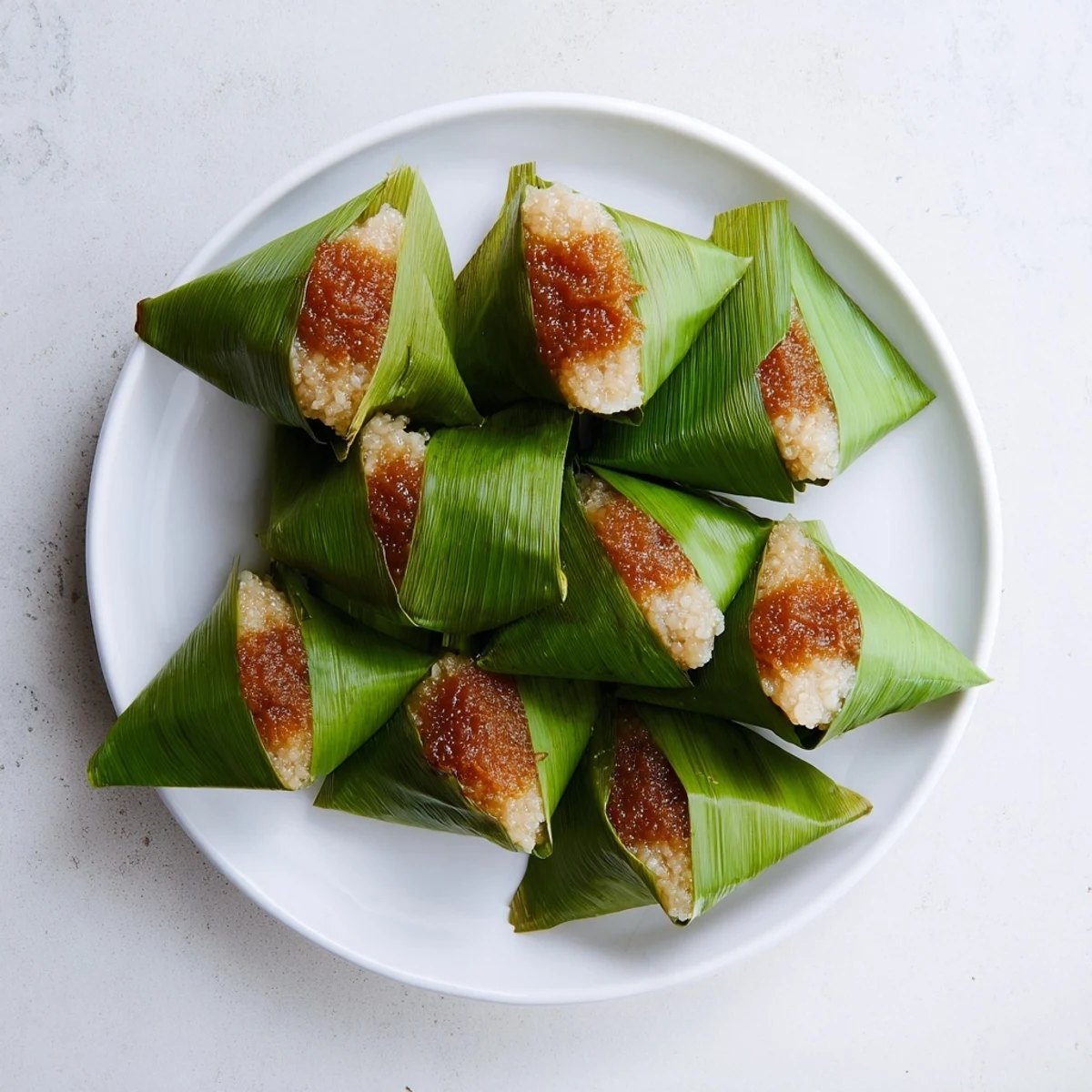 Malaysian Pulut Inti featuring steamed glutinous rice topped with sweet caramelized coconut filling on banana leaf