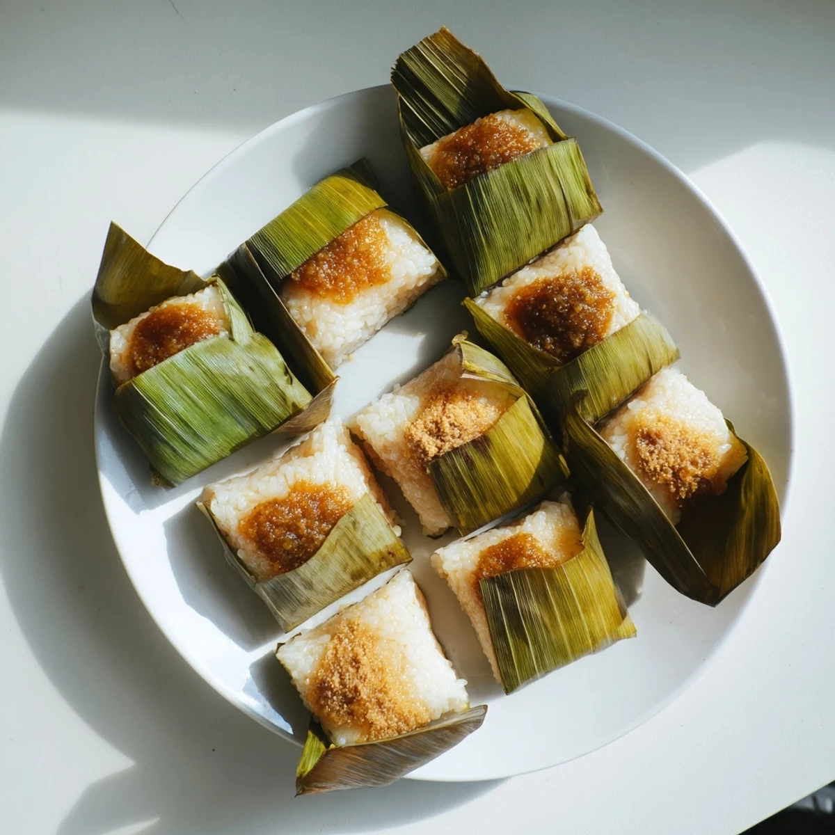 Wrapped Malaysian Pulut Inti kuih displaying tender glutinous rice layered with aromatic sweet coconut topping
