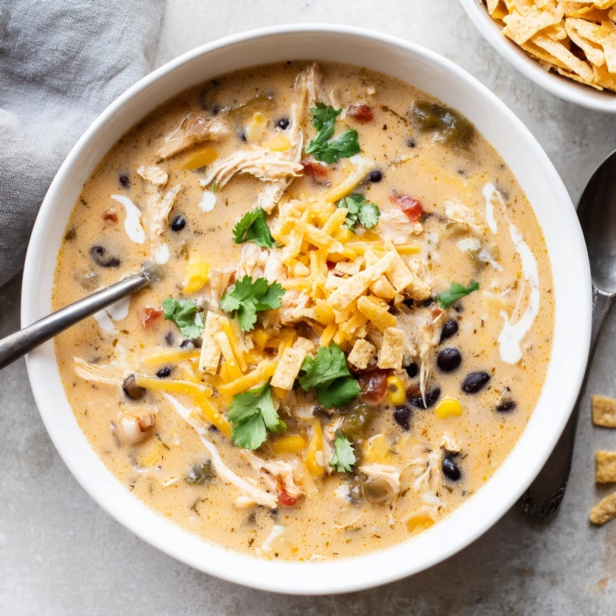 Spoonful of rich easy creamy chicken taco soup filled with tender shredded chicken, black beans, corn, and diced tomatoes