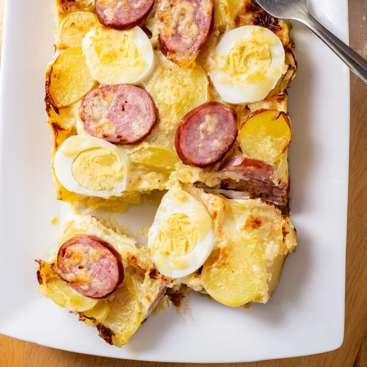Golden baked Rakott Krumpli casserole with layered potatoes, sausage, and sour cream topping