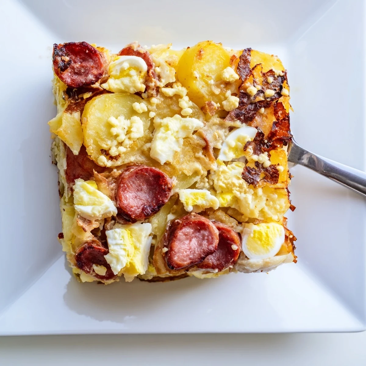 Savory Rakott Krumpli potato casserole served fresh from the oven with bubbling edges