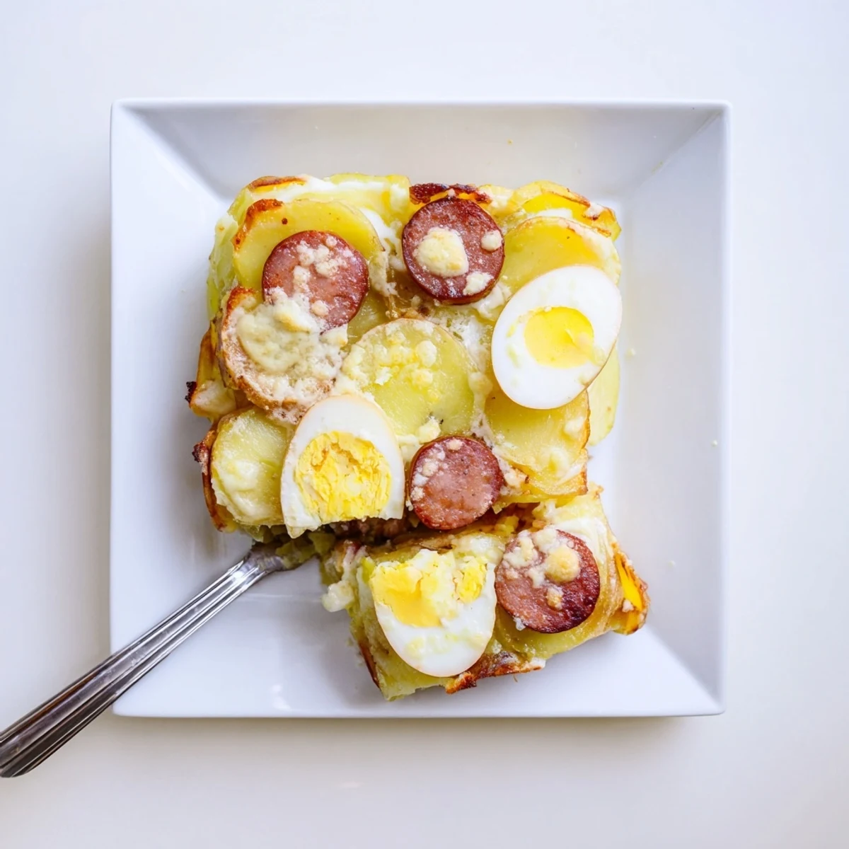 Creamy Hungarian Rakott Krumpli comfort dish featuring sliced eggs and smoky kolbász