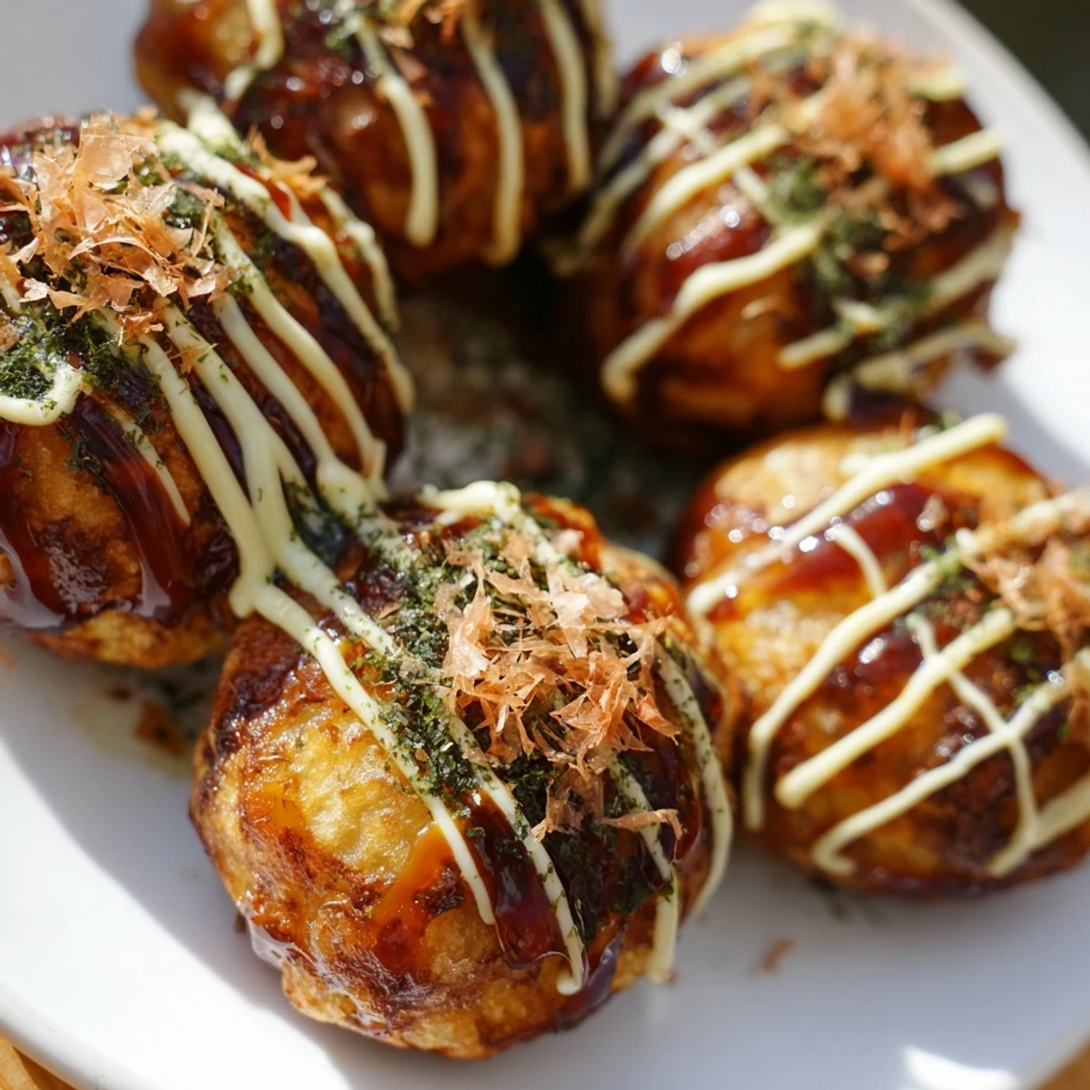 Hot octopus-filled takoyaki appetizers drizzled with tangy sauce and served on a white plate