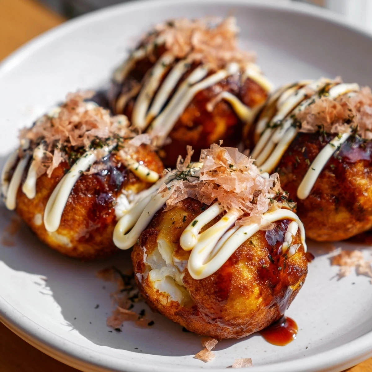Golden crispy Japanese takoyaki balls topped with savory sauce, mayonnaise, and dancing bonito flakes