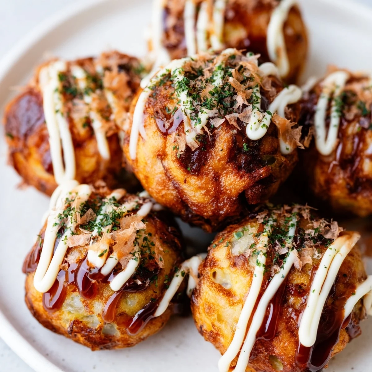 Perfectly round Japanese street food takoyaki sprinkled with green seaweed and smoky bonito flakes