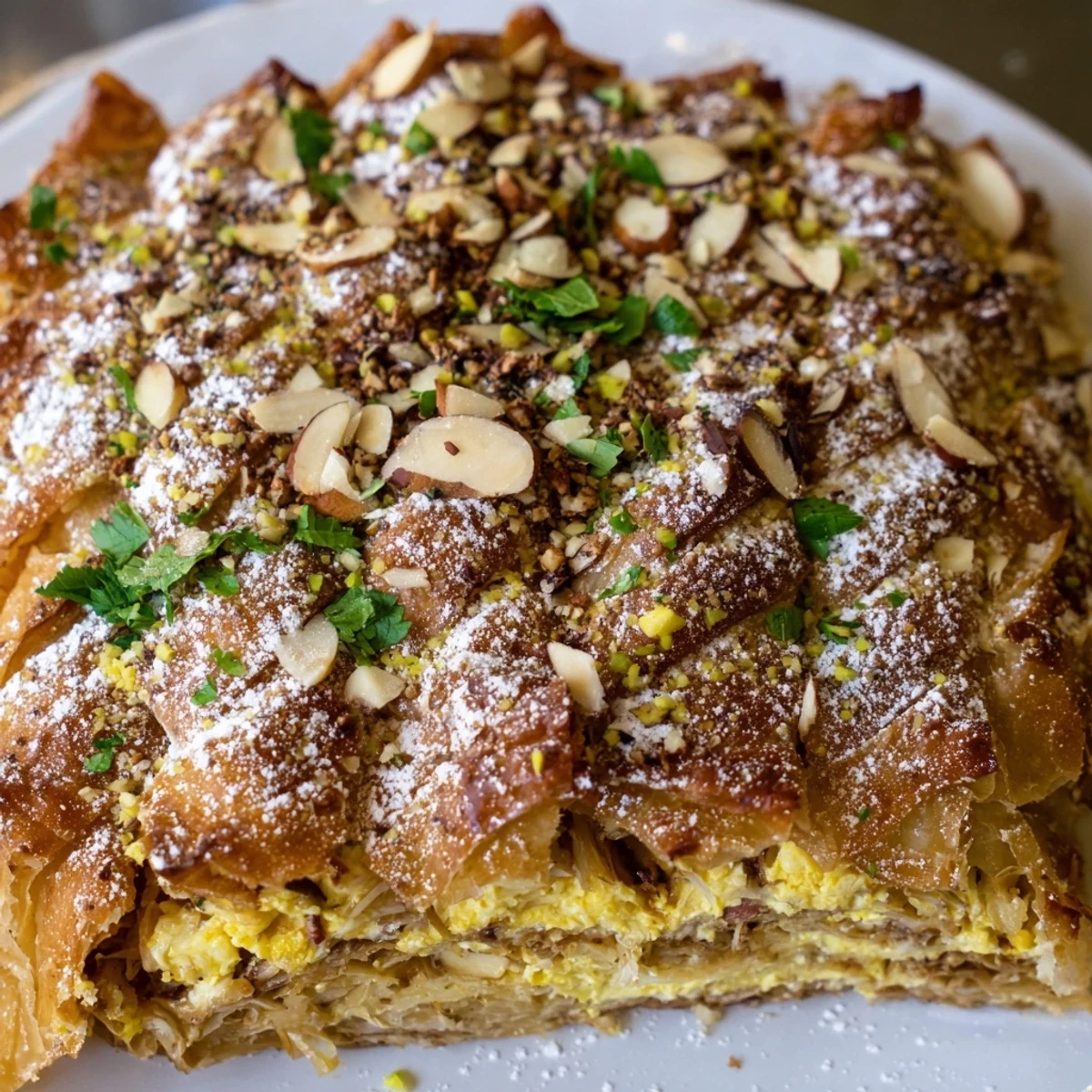 Golden Moroccan Bstilla pie with flaky pastry dusted in cinnamon sugar