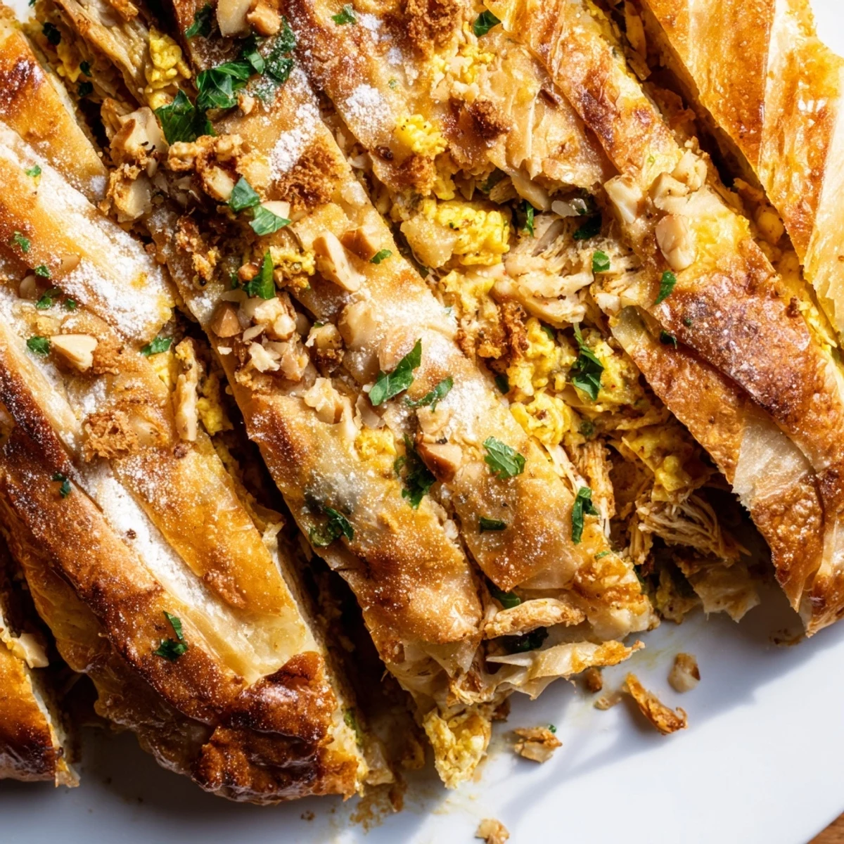 Savory spiced chicken and almond Bstilla sliced to reveal buttery layers
