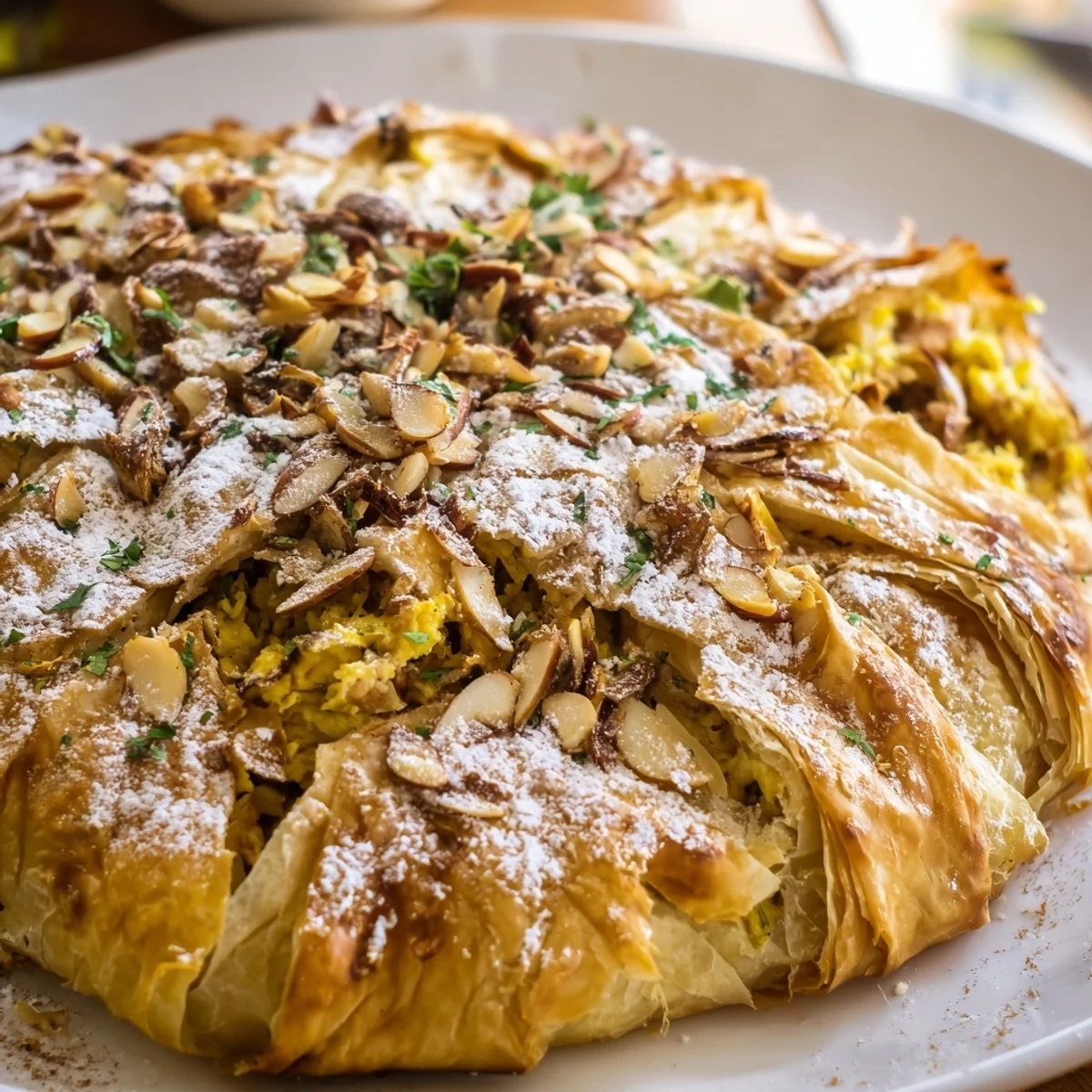 Moroccan Bstilla featuring crisp phyllo wrapping tender poultry filling with powdered sugar topping