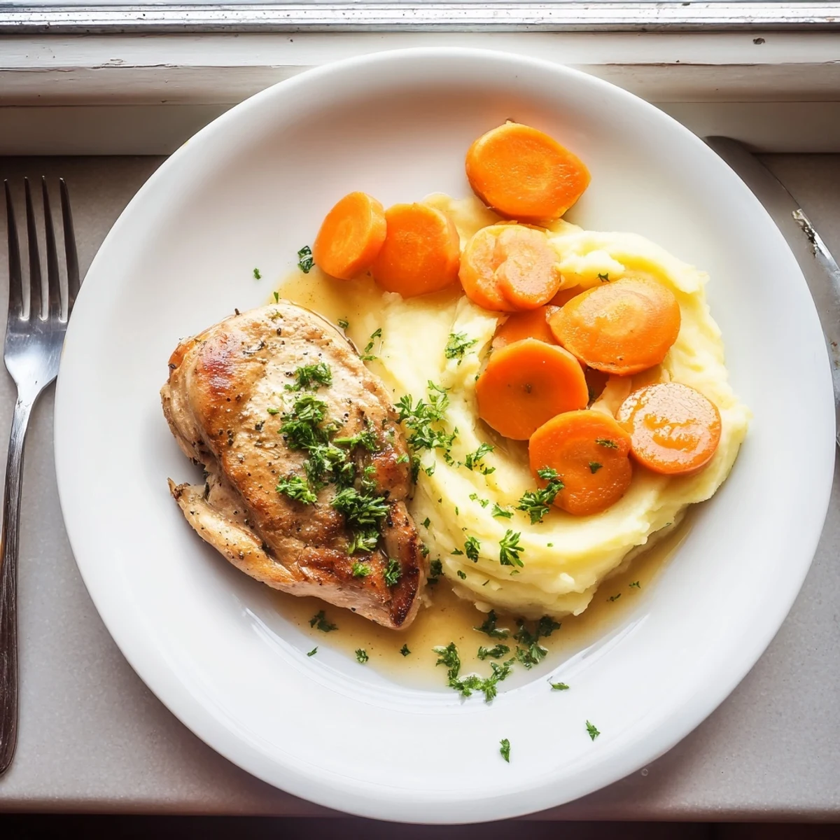 Golden garlic herb chicken breast plated with fluffy mashed potatoes and honey glazed carrots on a white dinner plate