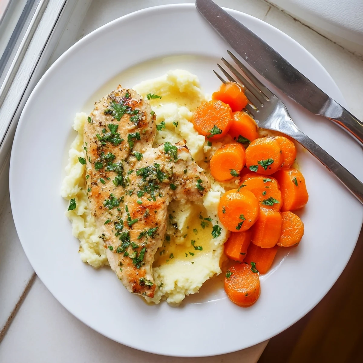 Juicy Italian seasoned chicken served with creamy whipped potatoes and shiny honey butter carrots for a comforting dinner