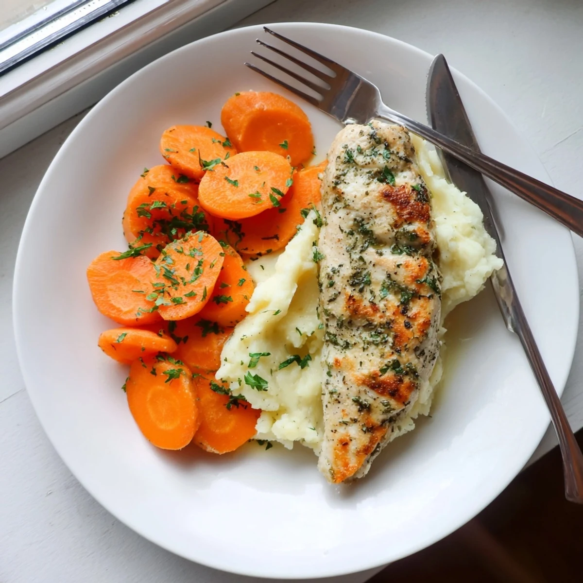 Tender marinated chicken resting beside velvety buttery potatoes and sweet glazed carrot slices garnished with fresh parsley
