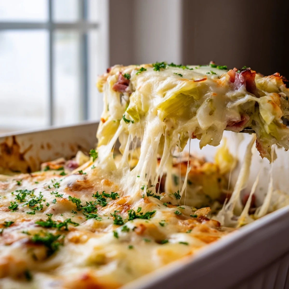 Golden bubbly creamy corned beef cabbage parmesan bake fresh from oven