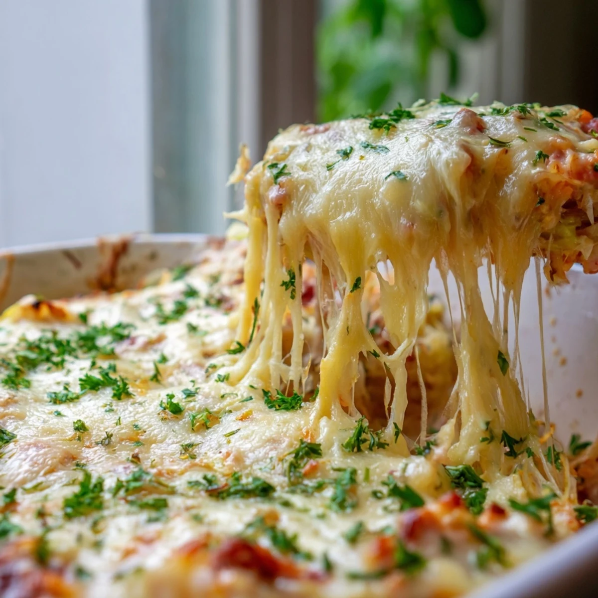 Sliced corned beef cabbage parmesan bake showing golden brown crust and layers