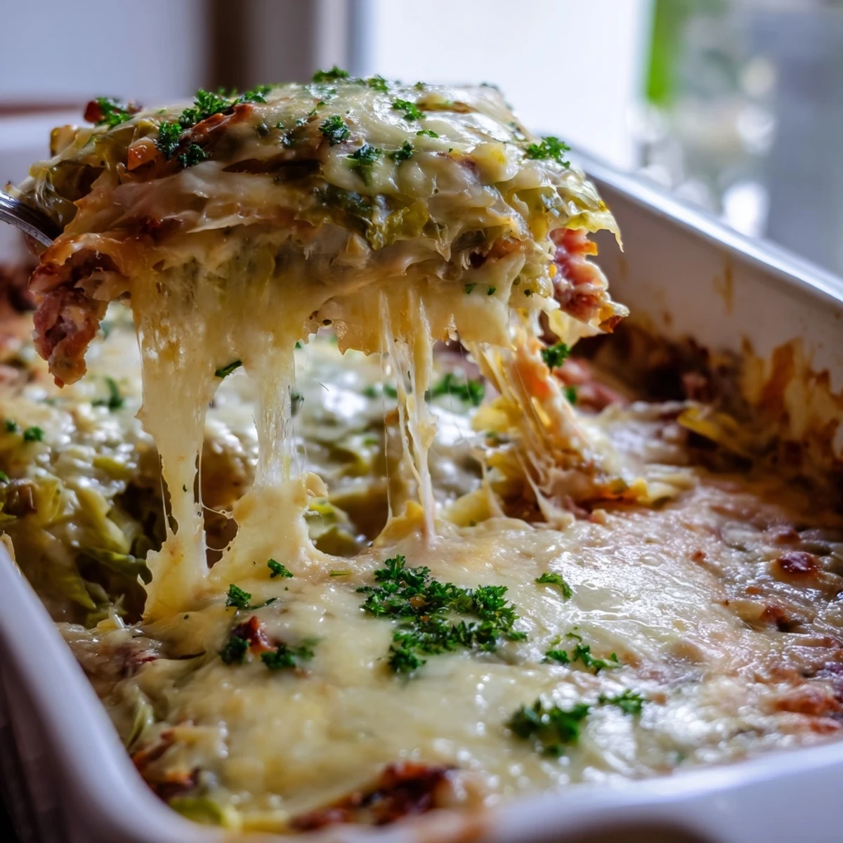 Hearty casserole with melted mozzarella and tender cabbage in cheesy sauce