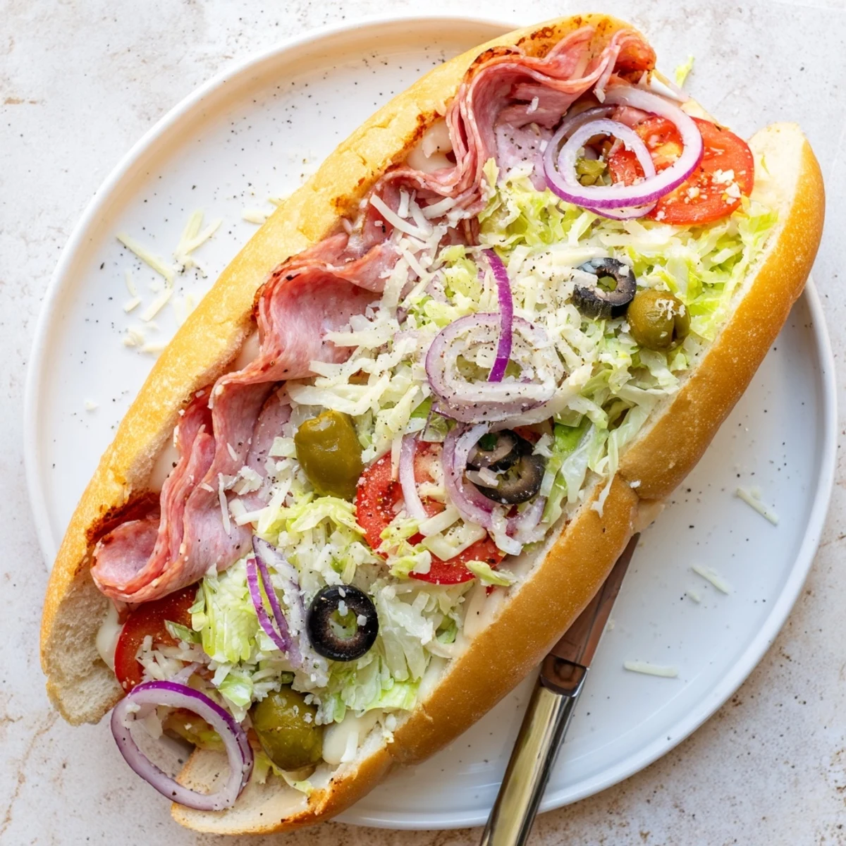 Crispy hoagie roll piled high with Italian grinder salad sandwich featuring melted provolone and zesty dressed lettuce