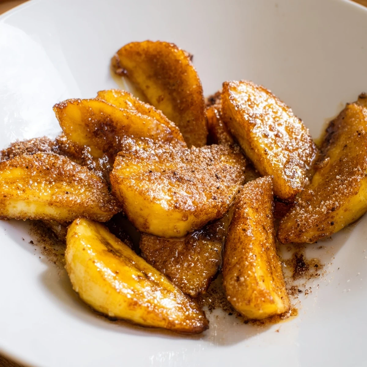 Warm brown sugar pan fried cinnamon bananas served on a white plate