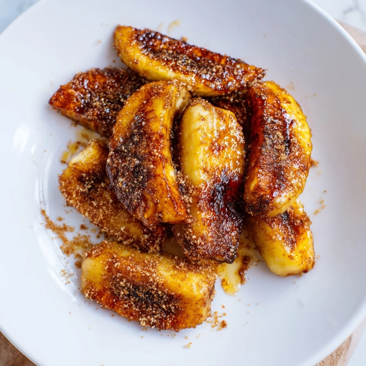 Delicious pan fried cinnamon bananas with melted butter and sweet caramelized edges