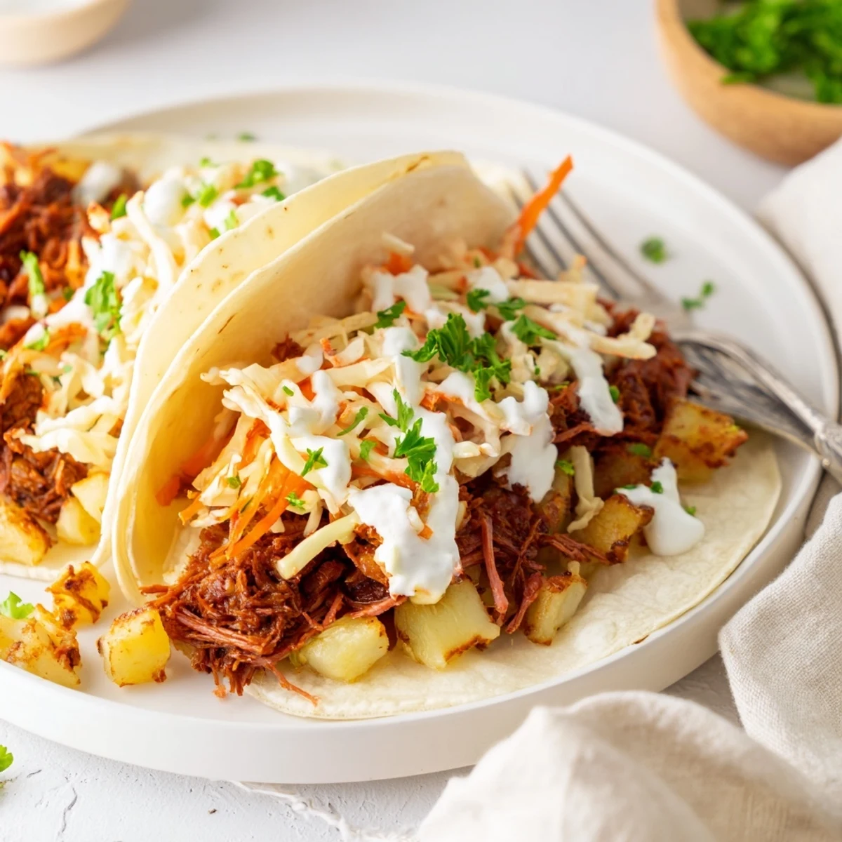 Irish tacos stacked high with shredded beef, potato filling, crunchy cabbage, and creamy sour cream topping