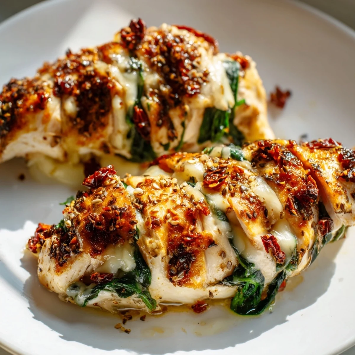 Sliced Hasselback chicken with melty cheese and sundried tomato filling, served fresh from the oven on a white plate