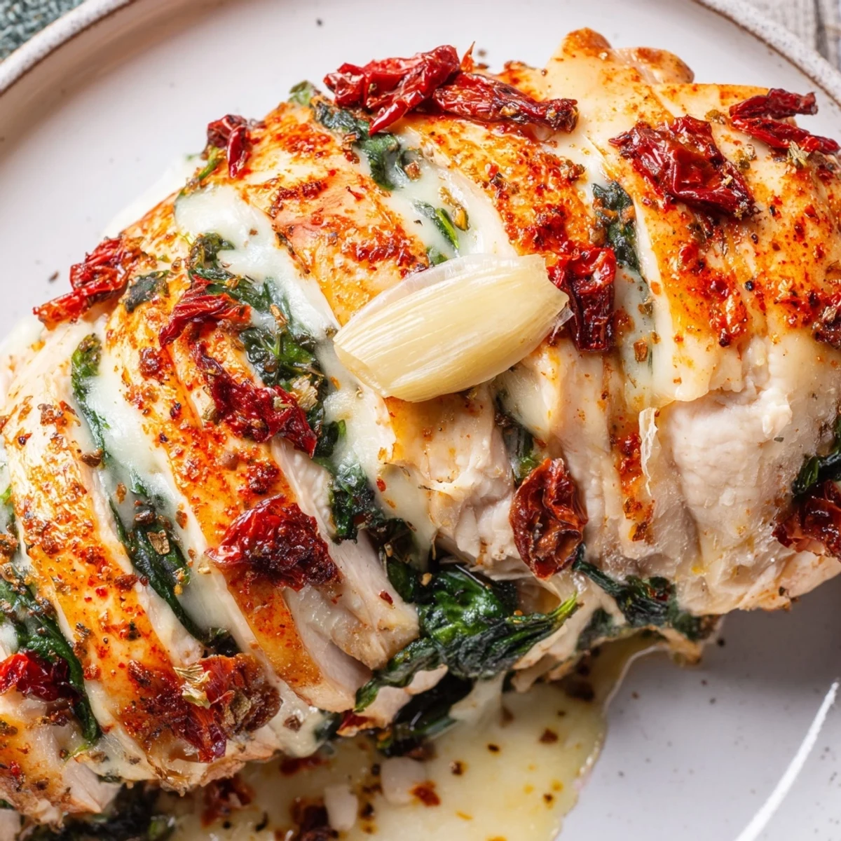 Golden Hasselback chicken breast stuffed with spinach, mozzarella, and sun-dried tomatoes, baked until bubbly and golden