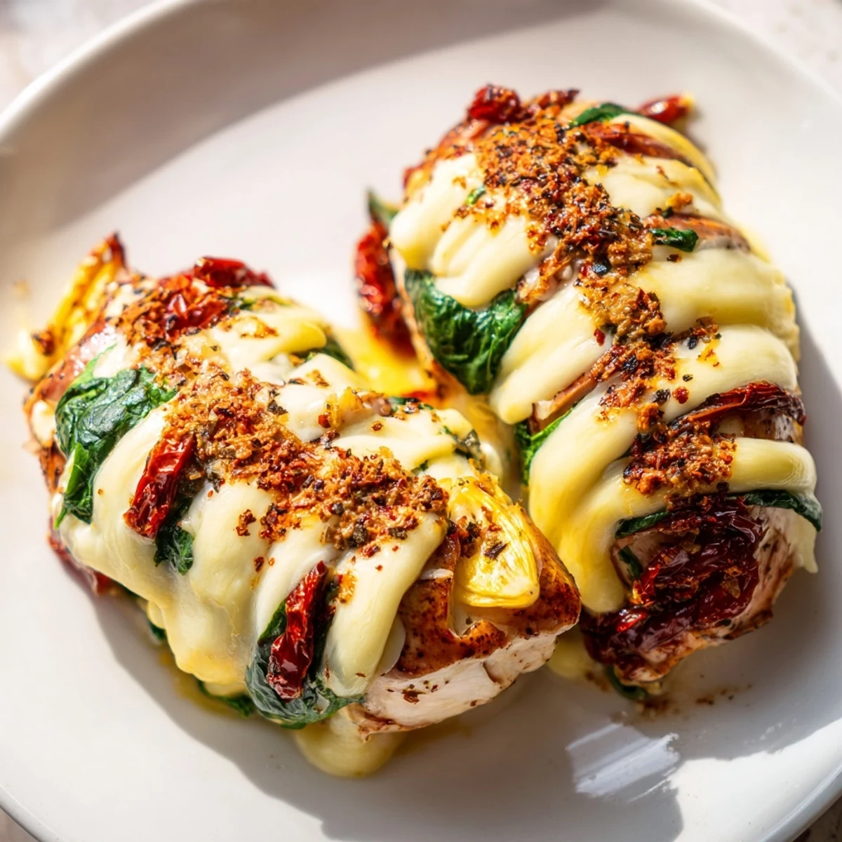 Tender stuffed Hasselback chicken featuring pockets of mozzarella, spinach, and tomatoes, seasoned with herbs and paprika