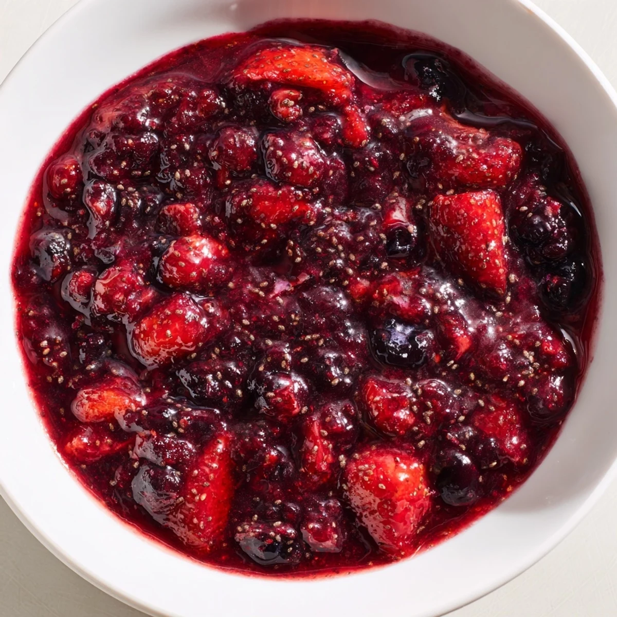 Glass jar of Easy Berry Chia Seed Jam with chunky mixed berries and tiny black seeds