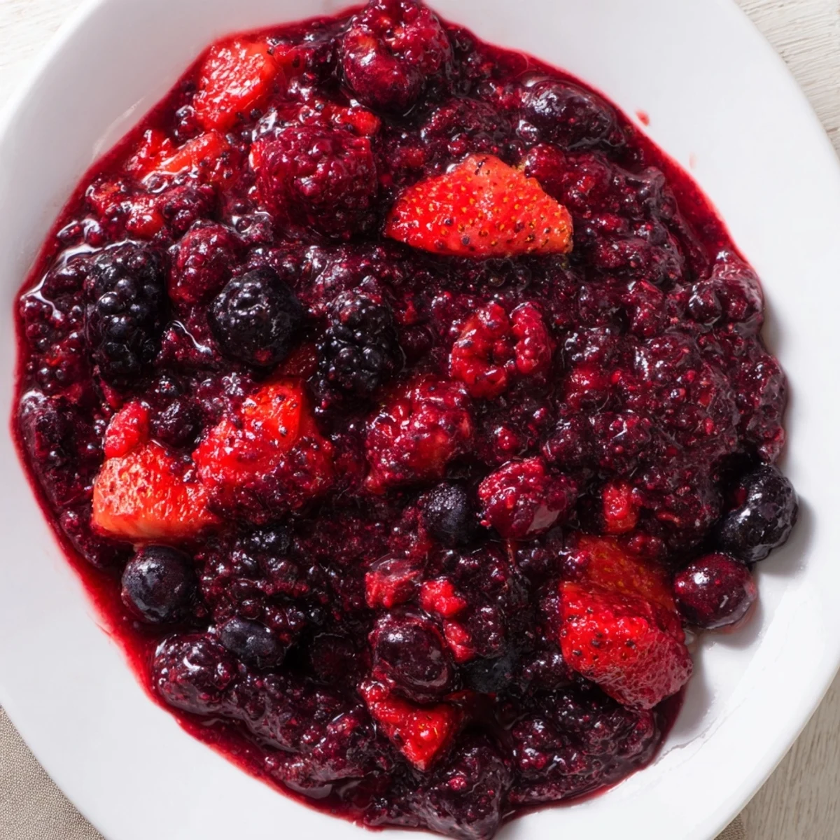 Spoonful of vibrant Easy Berry Chia Seed Jam spread generously on golden toasted sourdough bread