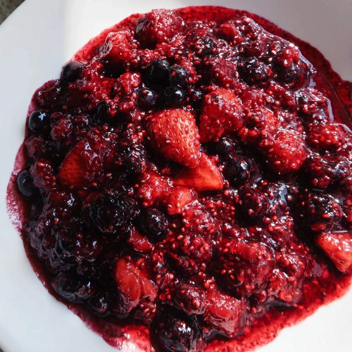 Fresh berry chia seed jam swirled into creamy yogurt bowl with ripe strawberry slices