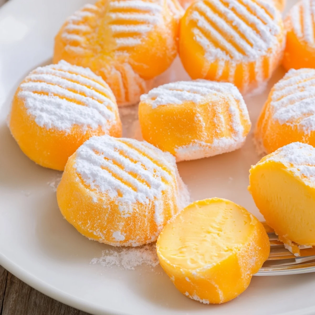 Creamy orange cream cheese mints arranged on a white serving platter with forked patterns