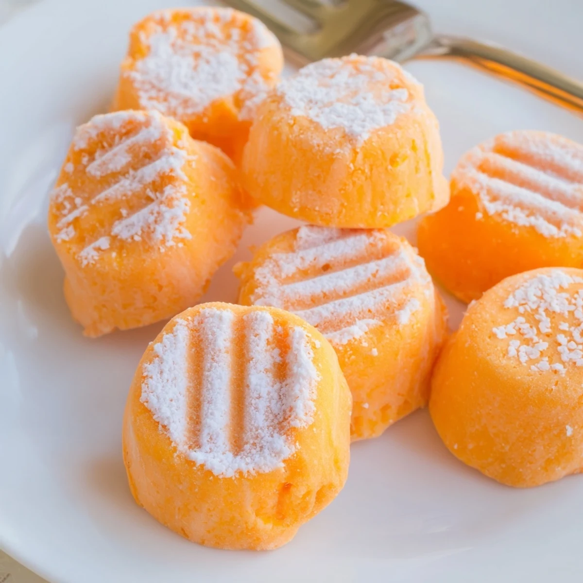Bright orange cream cheese mints dusted with powdered sugar on a decorative dessert tray