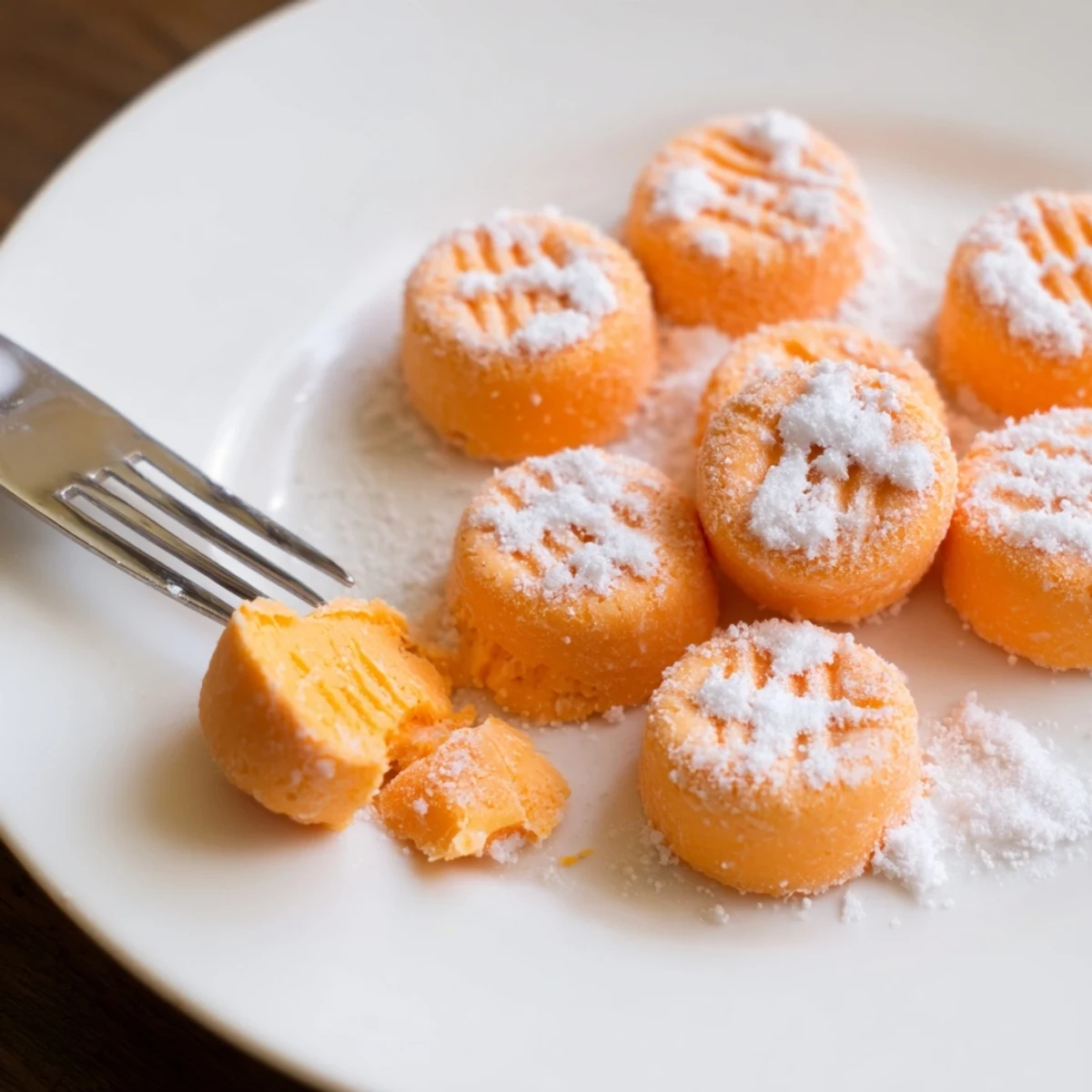 Homemade orange cream cheese mints displayed in rows, each topped with decorative fork imprints