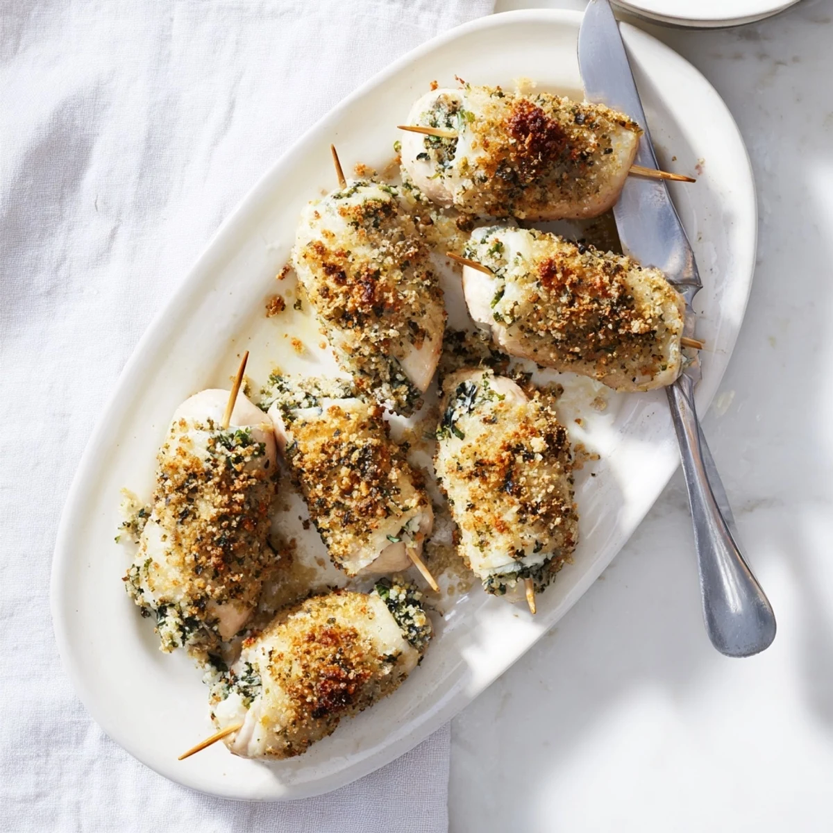 Tender chicken breast rolls filled with creamy ricotta cheese and fresh herbs baked until golden