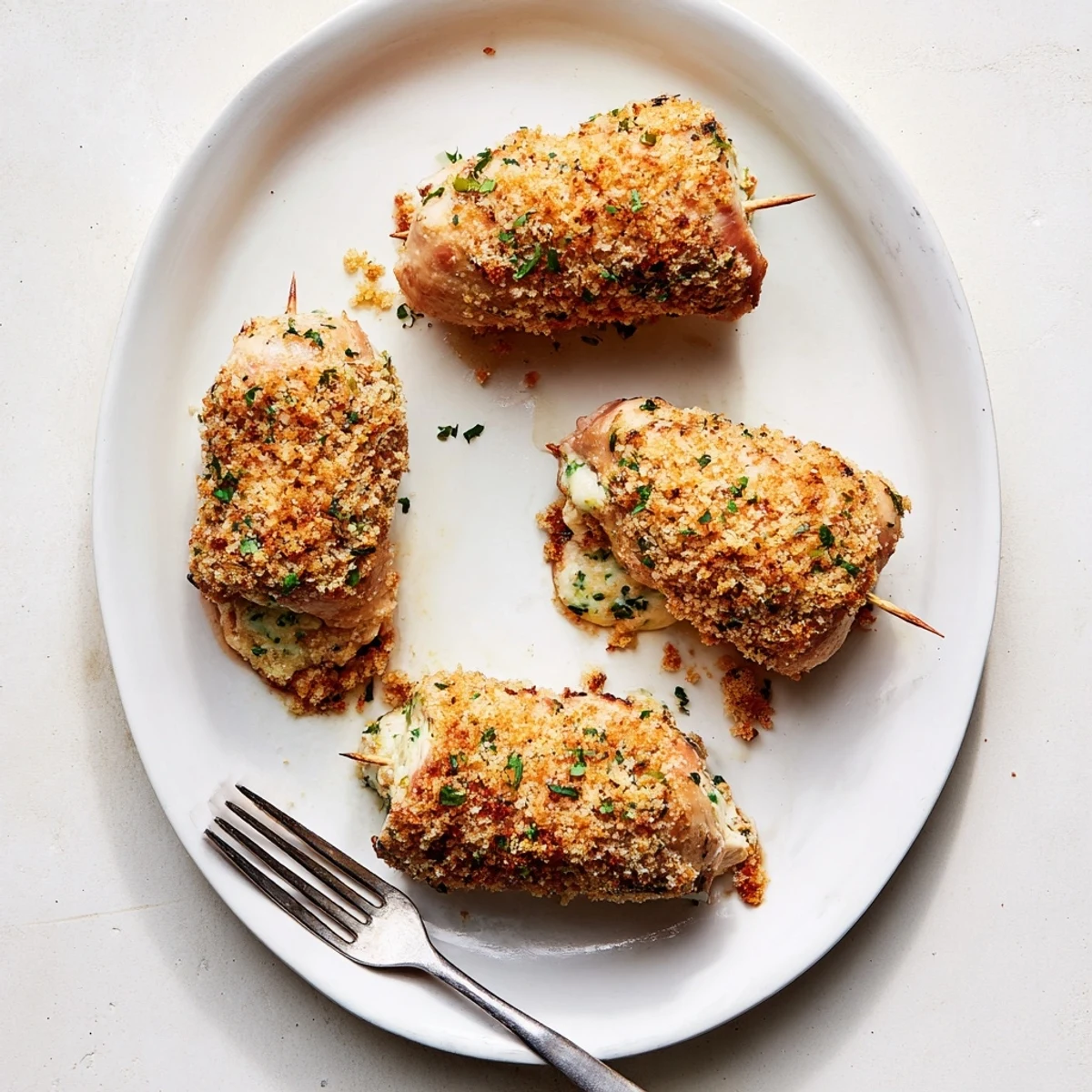 Italian style herbed ricotta stuffed chicken rolls sliced to show the flavorful cheese filling inside