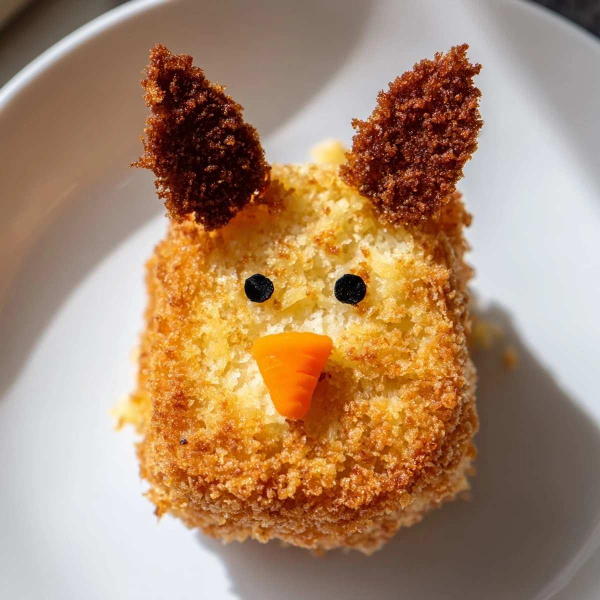 Golden Easter bunny potato croquettes arranged on a white platter with almond ears and carrot noses