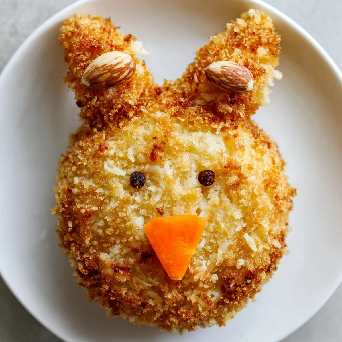 Crispy fried potato croquettes shaped like adorable bunnies with peppercorn eyes and panko coating