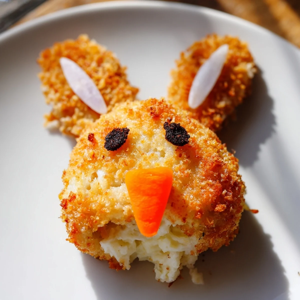 Fluffy mashed potato Easter bunnies served on rustic board with Parmesan and breadcrumb exterior