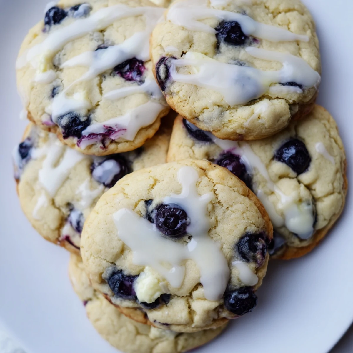 Golden brown lemon blueberry cheesecake cookies stuffed with creamy white center and juicy purple berries