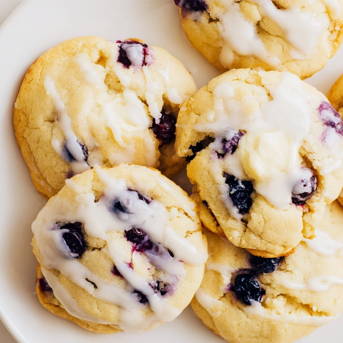 Soft-baked lemon blueberry cheesecake cookies drizzled with tangy glaze on a white serving plate