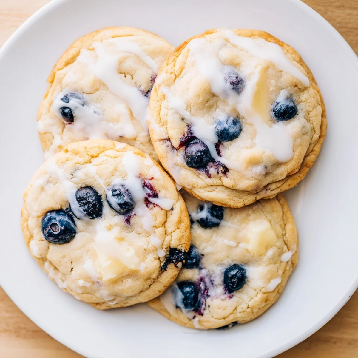 Fresh lemon blueberry cheesecake cookies showing golden edges with visible blueberry specks throughout