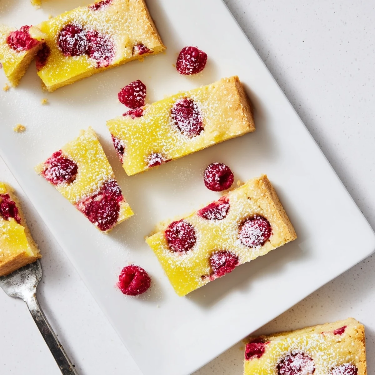 Golden lemon raspberry bars with buttery shortbread crust and fresh berry swirls