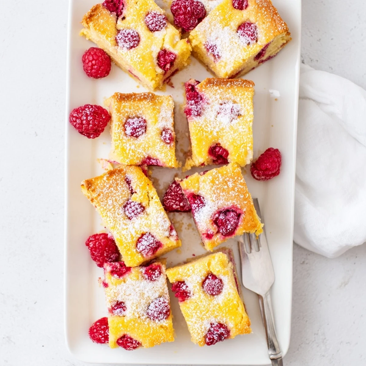 Tangy lemon raspberry bars on a white plate dusted with powdered sugar