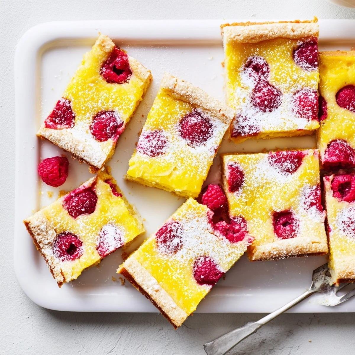 Homemade lemon raspberry bars sliced into squares with vibrant red berry filling