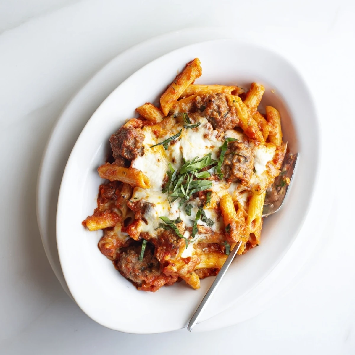 Golden cheesy slow cooker baked ziti with melted mozzarella topping and rich tomato sauce