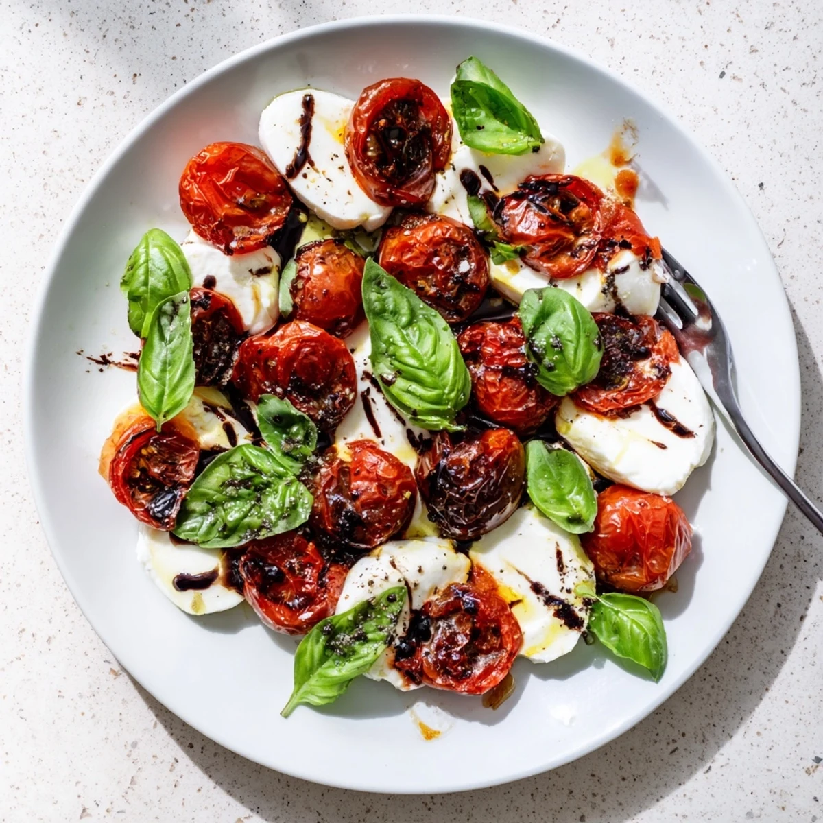 Colorful Caprese salad featuring caramelized roasted tomatoes alongside creamy mozzarella and green basil on a white serving platter