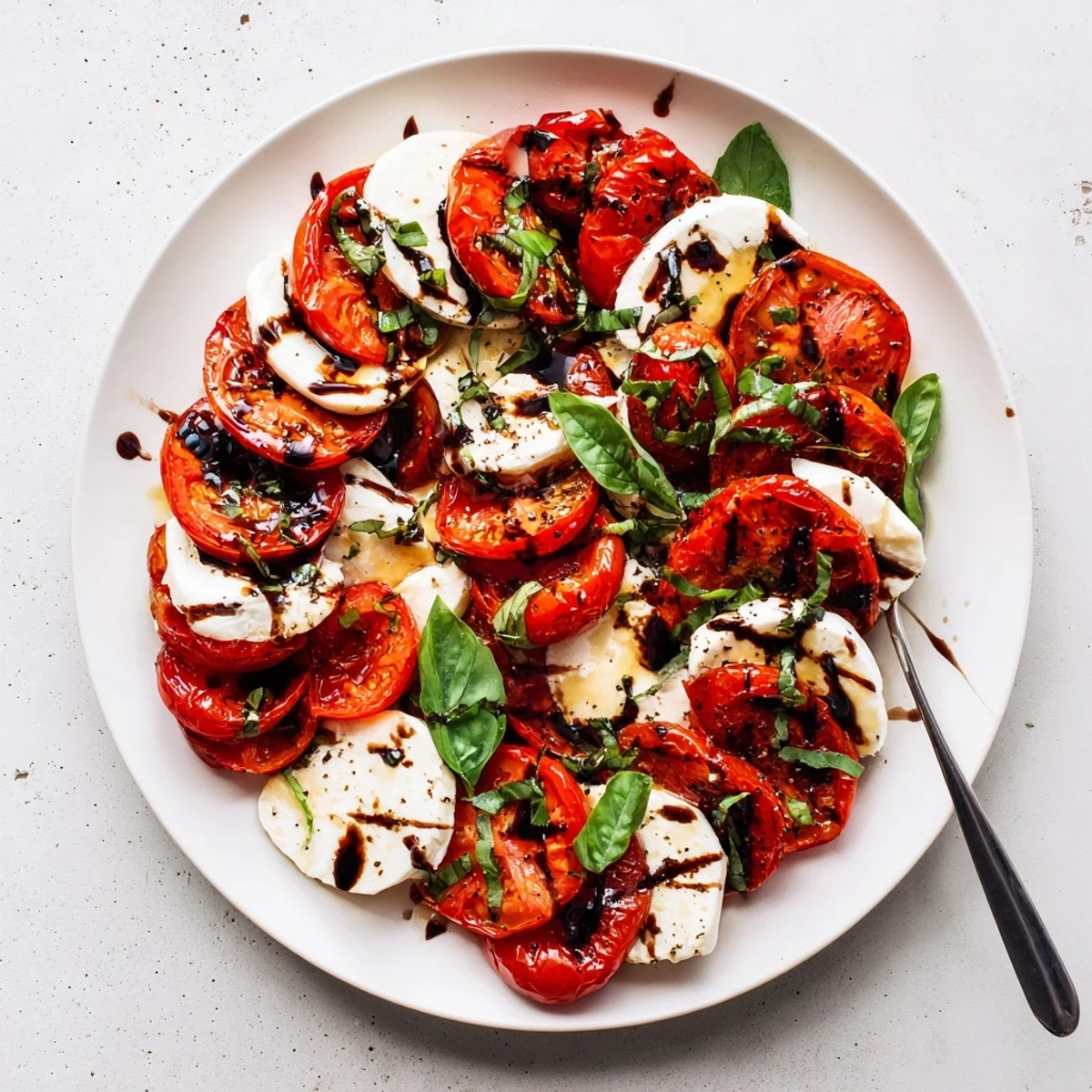 Golden roasted cherry tomatoes arranged with fresh mozzarella slices and fragrant basil leaves drizzled with balsamic glaze