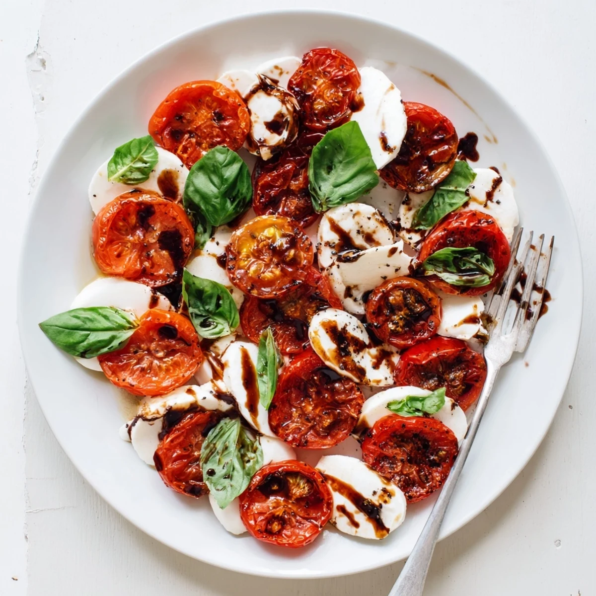 Warm roasted tomato Caprese salad topped with glossy balsamic dressing and fresh basil for an Italian appetizer