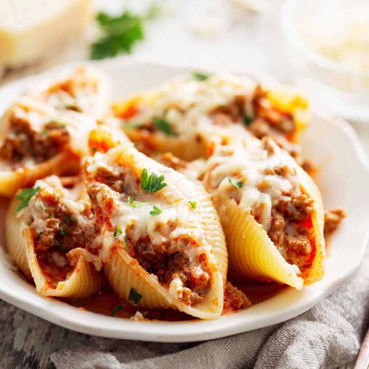Golden cheesy beef stuffed shells baked in creamy tomato sauce with ricotta filling