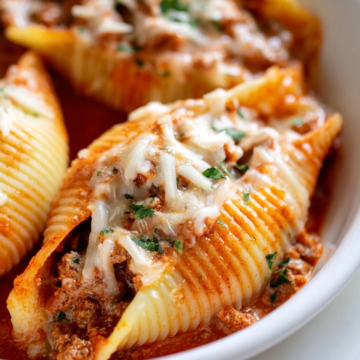 Jumbo pasta shells filled with savory beef ricotta mixture topped with melted mozzarella cheese