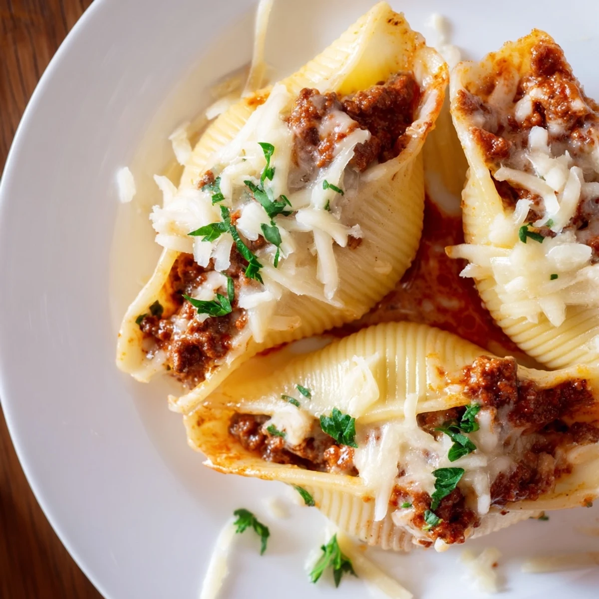 Italian-style beef stuffed shells with ricotta baked in rich marinara cream sauce