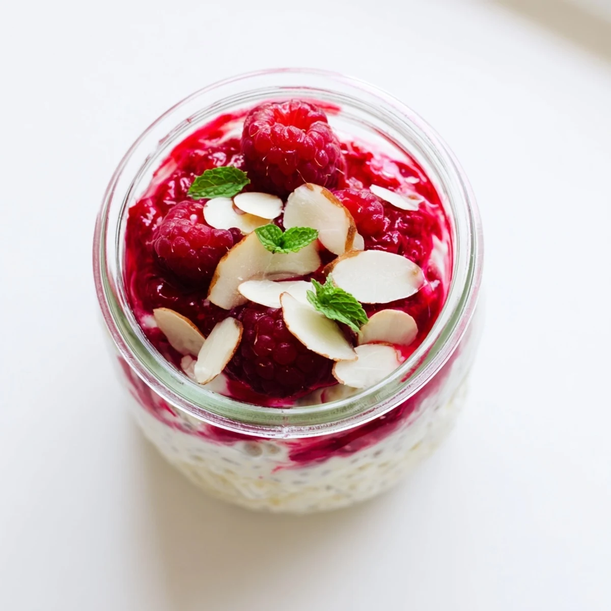 Vegan raspberry chia pudding with maple swirls and fresh raspberry garnish served in clear parfait glasses for breakfast